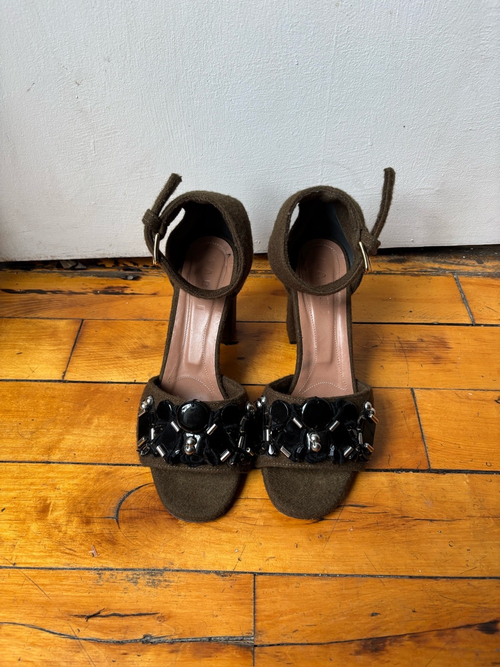 Marni Felt Olive Green Embellished Ankle-Strap Heels